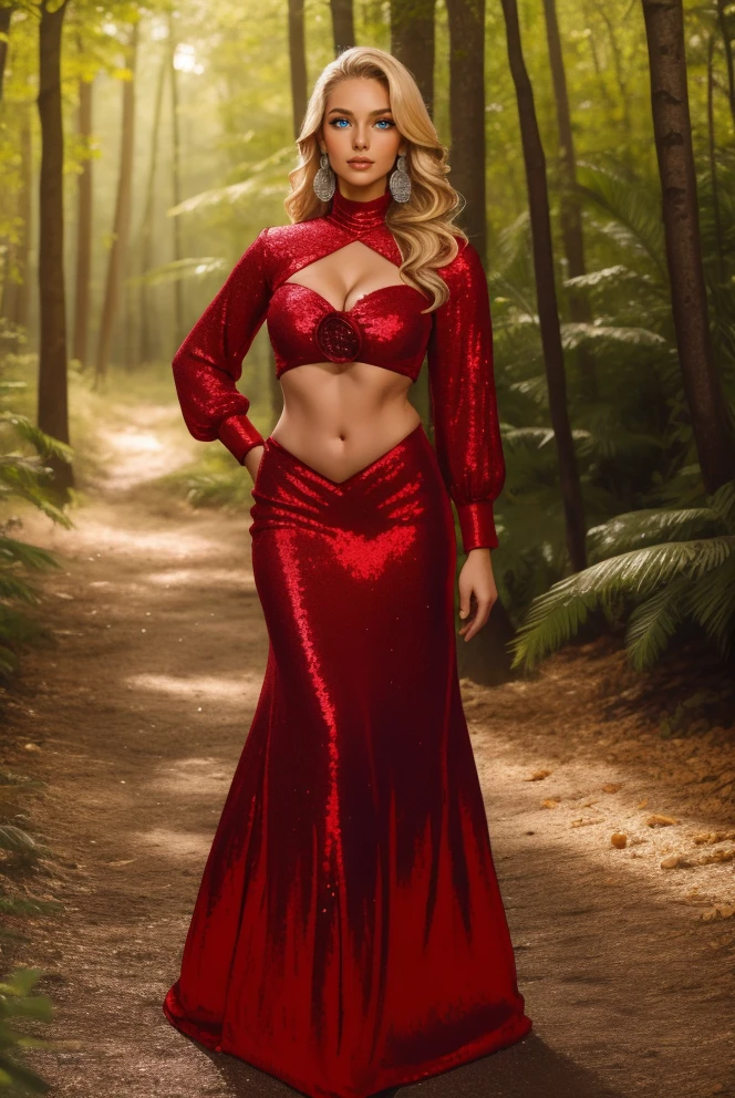 HUD_Rd_Seq, red sequin rosettes, crop top, maxi skirt, bare midriff, navel, cleavage, long sleeves, shoulder cover, shrug, long earrings, <lora:HUD_Rd_Seq-08:0.7>, full body, woman, blonde hair, looking at viewer, outdoors, forest background, bokeh