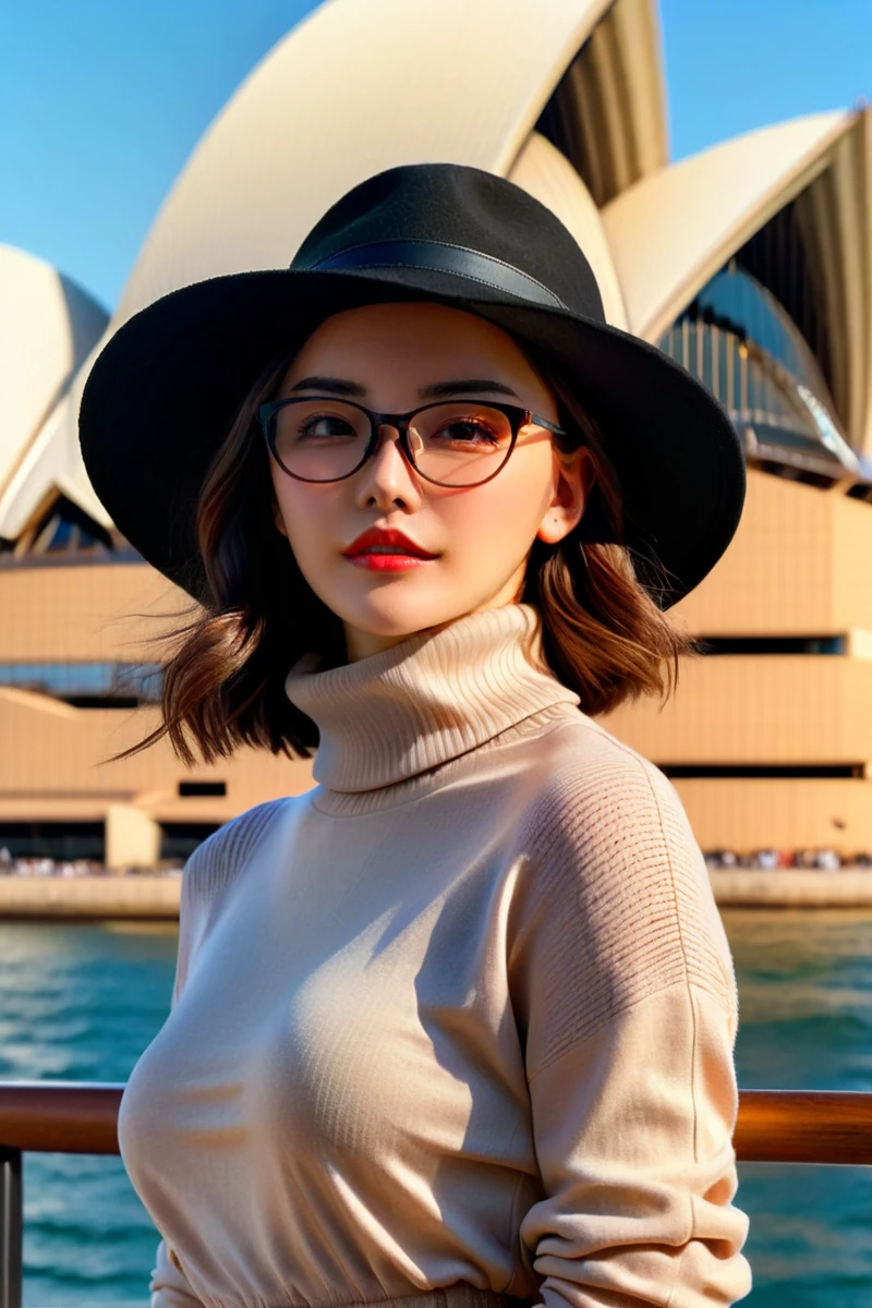 UHD, 4k, ultra detailed, cinematic, a photograph of <lora:sd_xl_dpo_lora_v1-128dim:1>,(masterpiece,best quality,ultra highres:1.1),uncensored,prefect lighting,side_light,rating_explicit,virtual background,BREAK 
(beautiful face:1.1),(exquisite face:1.1),sweat and pure,blurry_background,
1girl 18yo,
<lora:neg4all_bdsqlsz_xl_V7:1>,<lora:RMSDXL_Enhance:1>,
<lora:stym_XL_0:1>,stym,black-framed_eyewear,
portrait,(collarbonea:1.3),upper_body,
(Turtleneck_sweater_dress:1.5),(Thigh-high_boots:1.4),(Wide-brim_hat:1.3),
outdoors,background is Sydney Opera House,many people,, epic, beautiful lighting, inpsiring