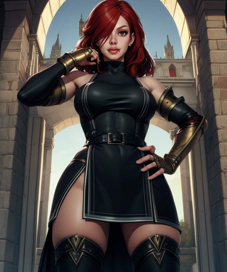 ((A red-haired warrior, from the back, wearing a short skirt showing her ass, wearing plate armor, steel gauntlets, steel gloves and steel cuirass, looking back, wearing a short skirt)), red skirt, (she does not wear underwear, short skirt showing big, stuffed ass, perky, round, pussy showing, smooth pussy showing from below, (skirt up), wind lifting skirt, sexy possession), medieval fantasy, d&d, RPG, masterpiece, best quality, 8K, ultra realistic. The most desired girl in the world has transcendental beauty, with expressive eyes, arched eyebrows, sensual lips and radiant skin. Her facial structure is symmetrically perfect, with delicately sculpted cheekbones and a refined chin. In addition to aesthetics, her presence exudes confidence, serenity and a magnetic aura. Her beauty goes beyond the physical, also incorporating grace, intelligence and kindness, making her completely irresistible.