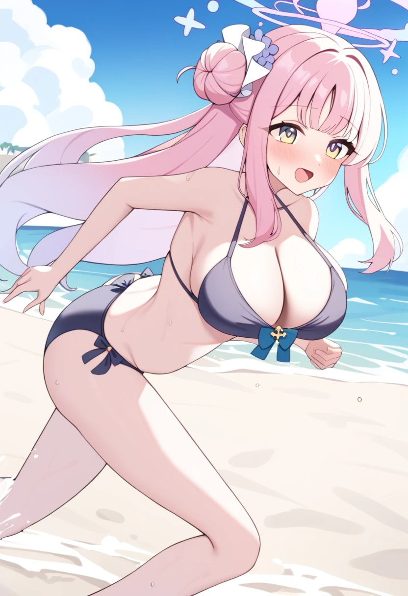 1girl, mika \(blue archive\), blue eyes,
long hair, pink hair, yellow eyes, large breasts, bikini, open mouth, halo, single hair bun,
beach, running, splashing,
masterpiece, best quality,
