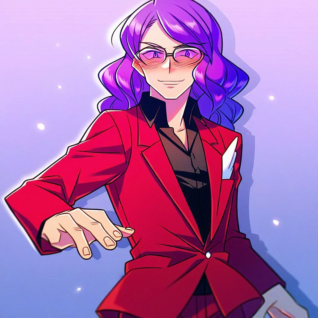 score_9,score_8_up,score_7_up,score_6_up,score_5_up,score_4_up, solo, 1boy, purple hair, wavy hair, purple eyes, Red jacket, black shirt, collared shirt, red pants, formal, Glasses, smile, blush