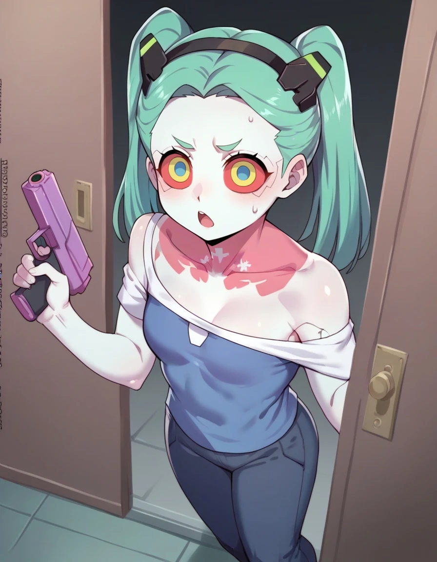score_9, score_8_up, score_7_up, source_anime, BREAK   solo, 1girl, surprised,expressionless,open_mouth, :o, rebecca_(cyberpunk),(colored_skin:1.2), pale_skin, blue_skin, tattoo, colored_sclera,  artificial eye, single_bare_shoulder, white_shirt, long_shirt,small_breasts, opening_door, holding_gun, from_above