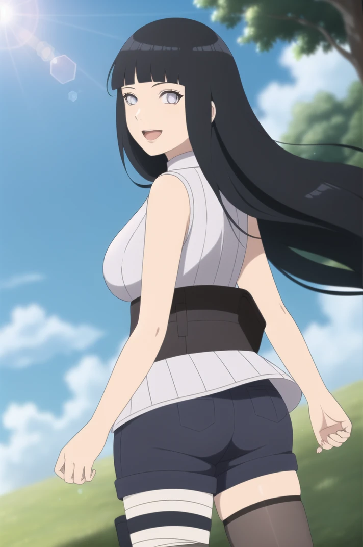 (masterpiece, high quality, detailed background:1.1), 1girl, solo,
<lora:HyugaHinata-v1-06:0.6>, ChopioHyugaHinata, long hair, black hair, straight hair, shiny hair, blunt bangs, white eyes, no pupils, (looking at viewer:1.3),
mature female, large breasts,
outfit_1, white shirt, ribbed shirt, sleeveless, waistband, purple shorts, bandaged leg, thigh pouch, black thighhighs,
hill, grass, blue sky, cloud, floating hair, wind, smile, open mouth, sunny, sunlight, light rays, lens flare, (depth of field:1.3), bokeh, from behind, looking back,