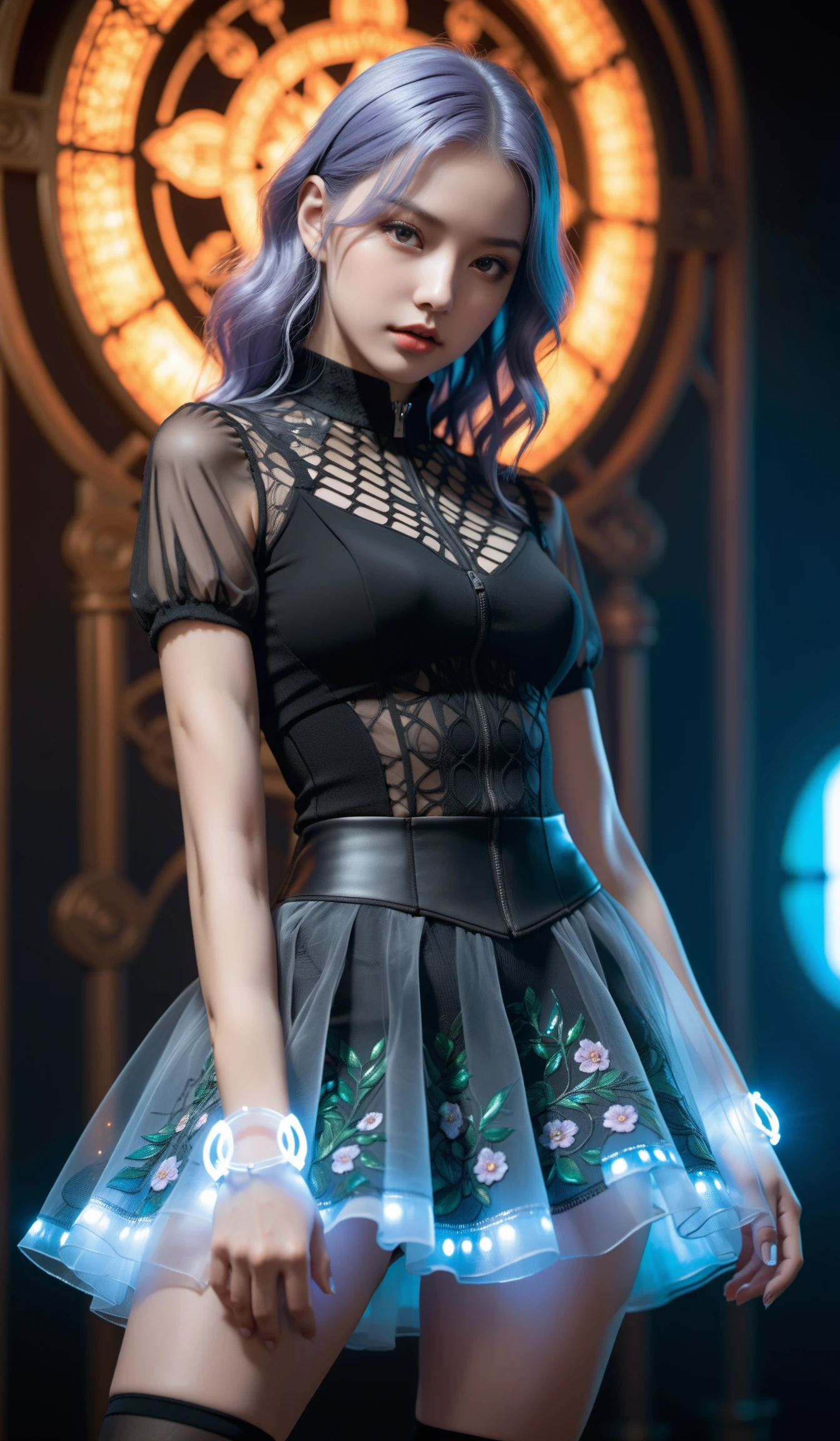 (Best quality,masterpiece,ultra realistic:1.3), (extremely intricate masterful beautiful:1.3), (hyperrealistic photography,Panorama,photorealistic:1.4),(extremely ultra-detailed),RAW, (natural skin, detailed skin),(skindentation:0.3),(Art Nouveau:1.3),(vivid colors:1.3),(close portrait:1.3),(((photo raw)), godrays Infrared Effect and Radial Blur , ,),(Beautiful fractal art:1.3),peerlessly beautiful idol, beautiful detailed eyes,(showing fashion wear,see-through tulle,chiffon clothing),(Elegant posture),shine,glowing,sparkling, film grain texture,analog photography aesthetic,dynamic composition,beautiful spirals,energy coalescing and vibrating,(dynamic angle,dynamic pose),(Close-up photo:1.3),(kneeling :1), sad,disdainful ,
gothic_lolita,wearing see-through (gothic outfit:1),(((very short miniskirt))),charming,alluring,seductive,enchanting,cleavage,exposed,
(comfy lower body clothing, augmented reality nanomesh, neon laser beam pattern,  slim fit, Natural Waist, zipper fly,,Placement Print,Light Wash,,Beads,,Coin Pockets),(prismatic fascinating peridot, glistering, vermeil (gold over sterling silver), sustained quality, enhancement method, hard to find, art deco, renaissance, religious symbols),(coastline, bog orchids,gallery,egret),(content dreamscape),(nebula-class battleship bridge, quantum-controlled smart grids, Solar-Powered Lights, moving head lights),
(Around floating colorful fire:1.4)the most beautiful form of chaos,
(floating_glowing colorful ColoredBubbles:1.3),
SimplePositiveXLv2,