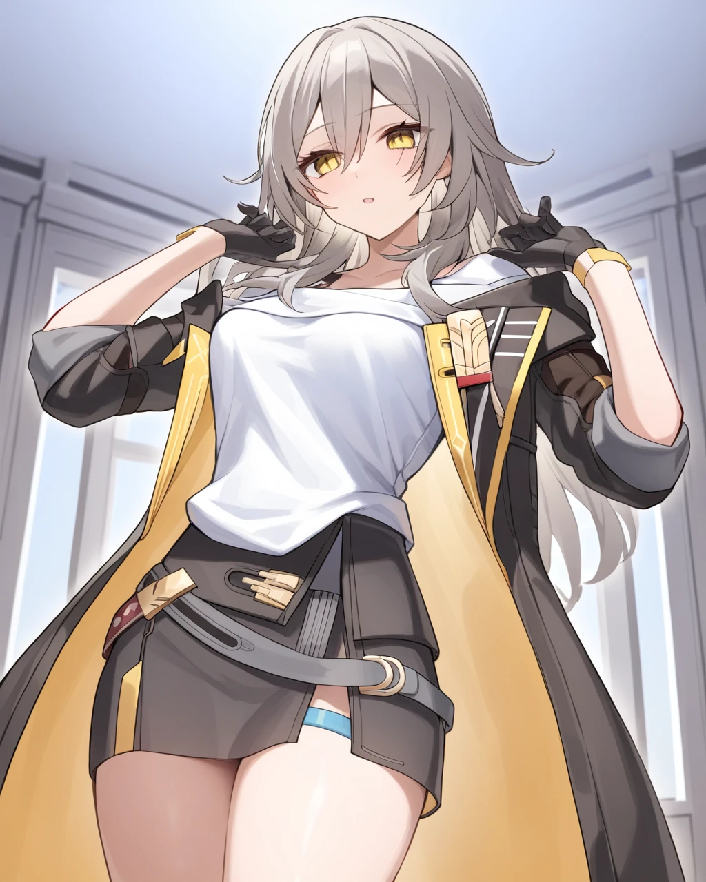 <lora:xl_Stelle(kohaku_delta):1>,stelle is a girl with long gray hair and yellow eyes,she is wearing the 'xing' outfit which includes shirt coat skirt glove,, masterpiece, best quality,