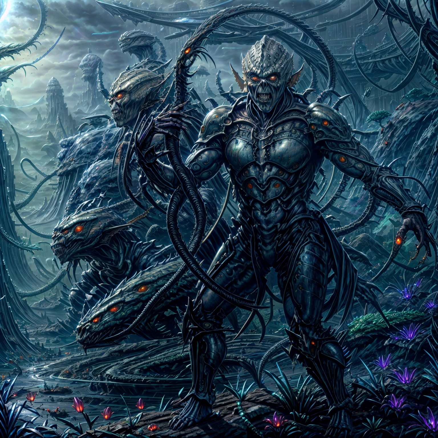 RAW photo of a (male yuuzhan vong warrior )<lora:YuuzhanVong:1> (wearing  organic grey armor:1.3),<lora:more_details:1> ,(holding a snake staff with both hands), background  <lora:CosmicLandscapes:.5>CosmicLandscapes, ((painting of an alien landscape)), ((jungle planet)), fog, ((alien plants)), ((city)), rocks, chiaroscuro, beautifully lit, cinematic lighting, dramatic lighting, natural lighting, naturalism, (golden ratio), detailed, 8K, by Bruce Pennington, Danny Flynn