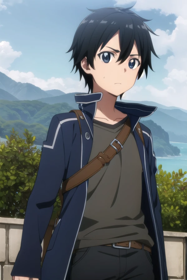 kirigayakazuto, <lora:kirigaya kazuto s1-lora-nochekaiser:1>, 
kirigaya kazuto, black hair, (black eyes:1.3), male focus,
BREAK shirt, black shirt, coat, black coat, pants, black pants,
BREAK outdoors, nature, forest, sun, sky,
BREAK looking at viewer, (cowboy shot:1.5),
BREAK <lyco:GoodHands-beta2:1>, (masterpiece:1.2), best quality, high resolution, unity 8k wallpaper, (illustration:0.8), (beautiful detailed eyes:1.6), extremely detailed face, perfect lighting, extremely detailed CG, (perfect hands, perfect anatomy),