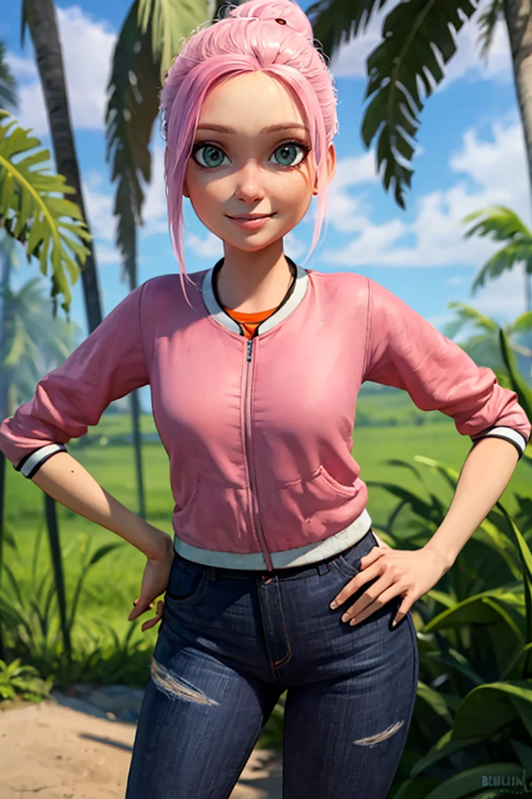 ((masterpiece,best quality)), absurdres,
<lora:Brooklynn_Jurassic_Park:0.7>, Brooklynn_Jurassic_Park,  
solo, smiling, looking at viewer, cowboy shot, hand on hip, 
tropical background,