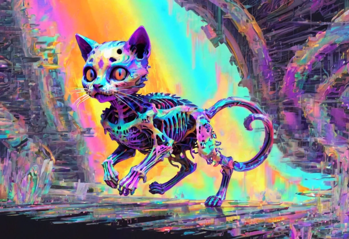 a colorful chibi skeleton cat running toward the viewer, insanely intricate details, distorted glitch <lora:glitched-v1.0.1-extracted:1.35>