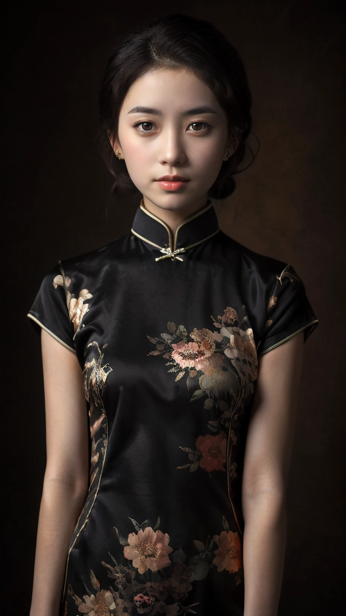 SHPortraitStudio, 1girl, solo, realistic, chinese clothes, dress, looking at viewer, black hair, upper body, brown eyes, brown background, short sleeves, lips,<lora:20240122-1705884260870:0.65>,