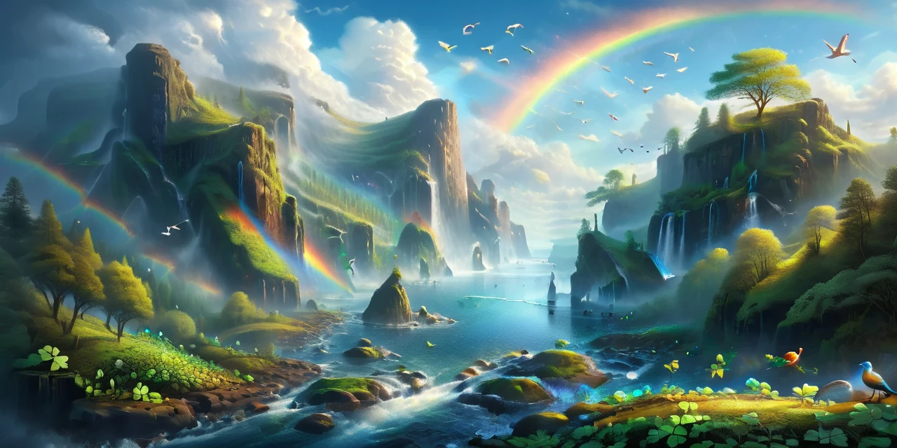 CelticLandStyle,rainbow, blue sky, cloud, tree, sky, bird, waterfall, fantasy, nature, water, <lora:CelticLandStyleXL:1> <lora:xl_more_art-full_v1:0.8> ,<lora:add-detail-xl:0.8>