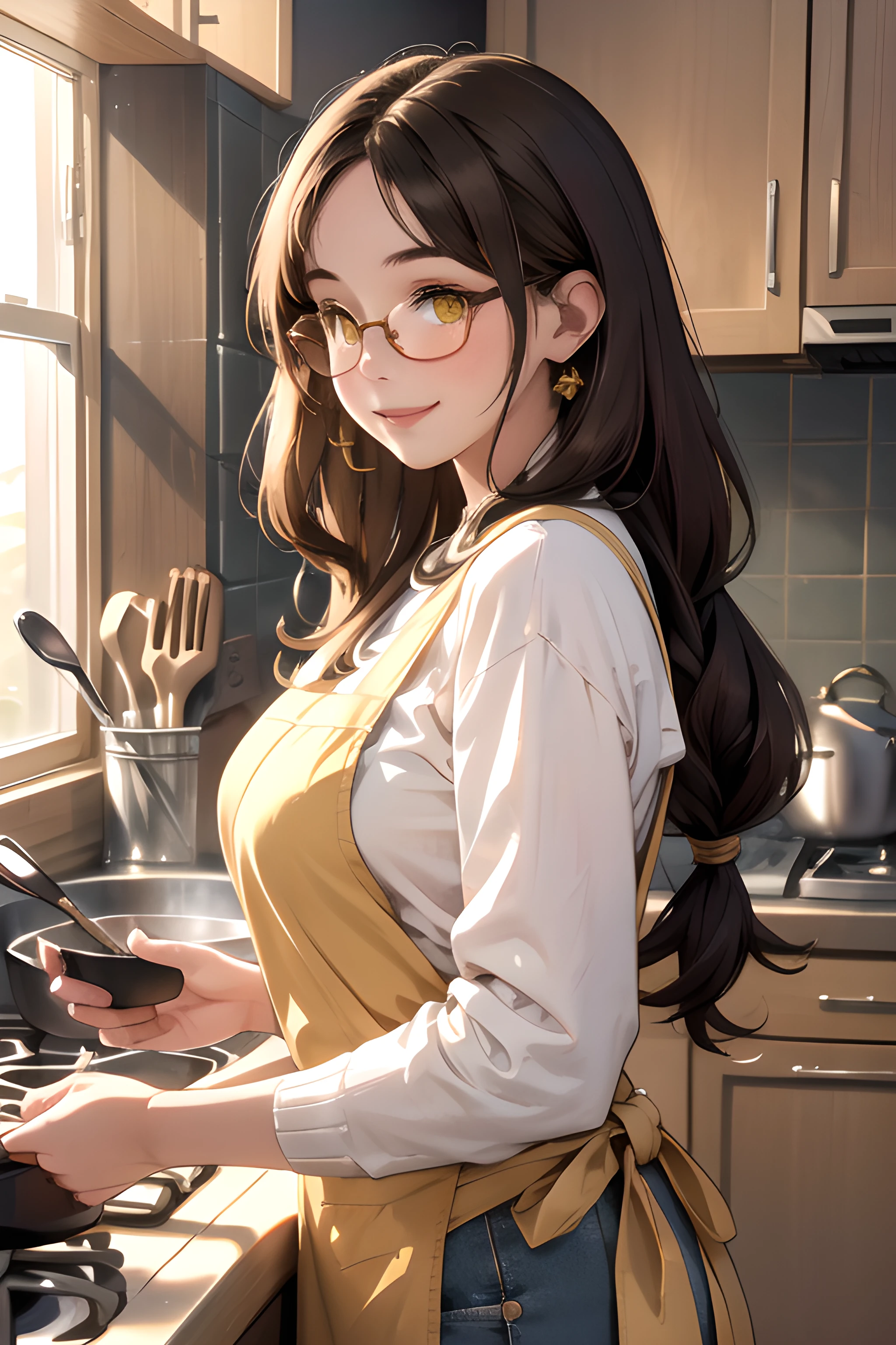 (masterpiece, best quality, highres), mature female, solo, brown hair, low-braided long hair, wavy hair, yellow eyes, parted bangs, sidelocks, large sagging breasts, long eyelashes, black-framed round eyewear, kitchen, sweater, jeans, yellow apron, happy, smile, humming, musical note, cooking, sleeves rolled up, from side, upper body