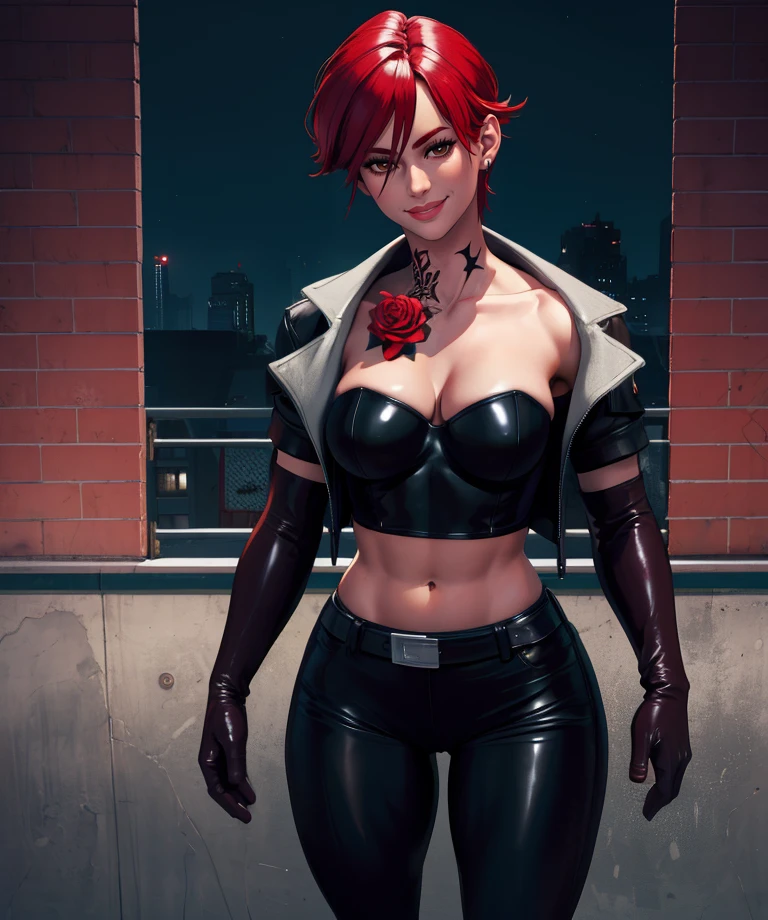 Sharon,red hair. brown eyes,rose tattoo,short hair,
standing,smile,
black pants with cutout,tight,black strapless shirt,cropped jacket, elbow gloves,
night city,corner,
(insanely detailed, masterpiece, best quality),<lora:Sharon:0.8>,