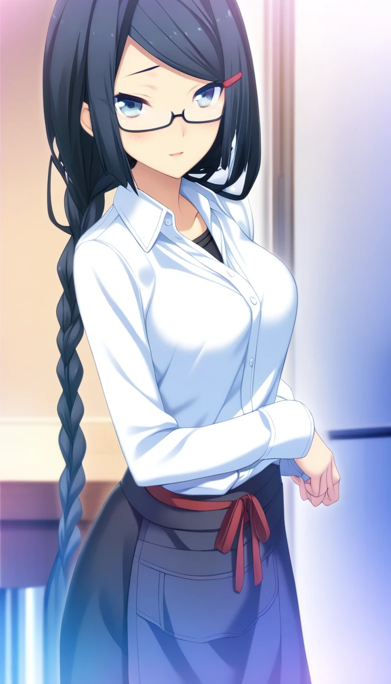 1girl,Himuraki Mizuha,white shirt,long braid,black waist apron with a red ribbon,peach hairclip,semi-rimless eyewear,masterpiece,best quality,game cg,blush,(detailed beautiful eyes:1.2),(beautiful face:1.2),<lora:HimurakiMizuhaXLK:1>,