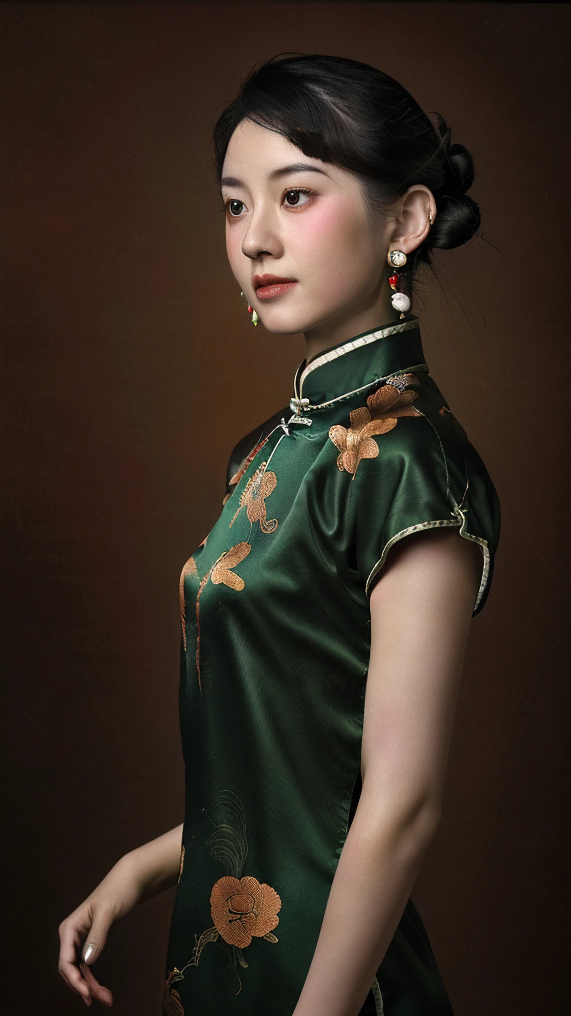 SHPortraitStudio,1girl,solo,jewelry,chinese clothes,earrings,black hair,realistic,dress,hair bun,brown eyes,china dress,upper body,short sleeves,single hair bun,<lora:20240122-1705884260870:0.65>,