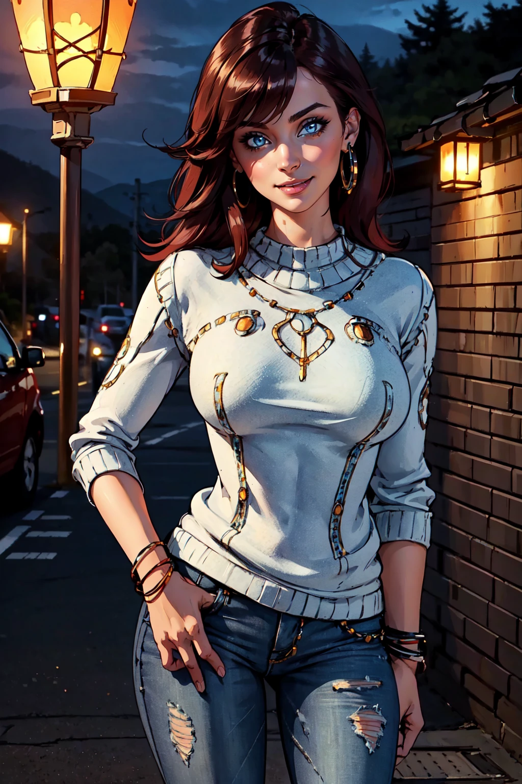 beautiful eyes, beautiful girl, high detail skin, high detail eyes, high detail hair, highres, ultra detailed, sharpen picture, Highly detailed, masterpiece, best quality, photorealistic,
, at night, standing under a streetlantern, wearing blue sweater and jeans. cute smile  <lora:CaptainScarlettLora:0.8>1girl, long hair, bracelet, lip piercing,