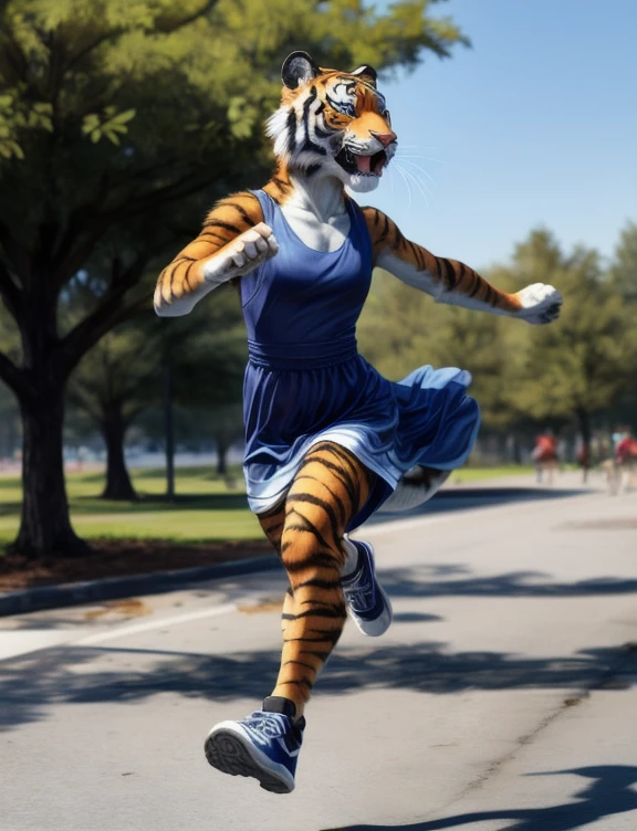 ((masterpiece, best quality:1.4)), bokeh, fluffy, 3d, 
female focus, solo, (anthro:1.4), three-quarter portrait, :d,
tiger, 
dress, 
running, action pose, 
summer, 
park, tree,