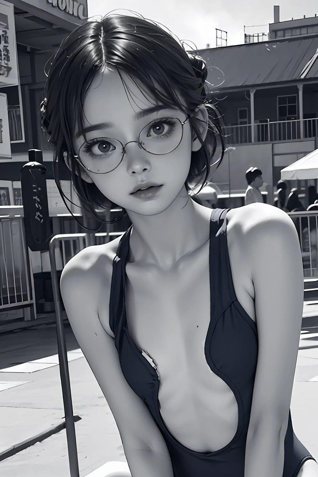( detailed realistic background:1), ( official art, beautiful and aesthetic:1 ), realistic lighting, cinematic lighting, hyperrealism, soothing tones, muted colors, high contrast, soft light, sharp, artistic photoshoot, ( cute, petite ), slender, pale cheeks, square face shape with angular jaw, natural "no-makeup" makeup, small breasts, brown hair , hair bun, blue school swimsuit, (Amusement Park), round glasses,