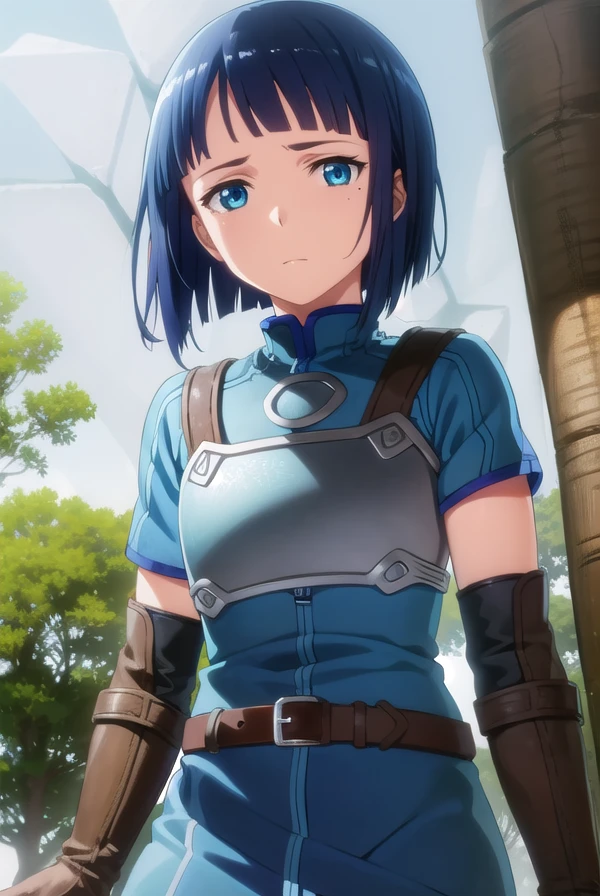 saosachi, <lora:sao sachi s1-lora-nochekaiser:1>, 
sachi, short hair, blue eyes, blue hair, mole, mole under eye, bangs, blunt bangs,
BREAK gloves, elbow gloves, belt, armor, breastplate, shirt, blue shirt,
BREAK outdoors, nature, forest, sun, sky,
BREAK looking at viewer, (cowboy shot:1.5),
BREAK <lyco:GoodHands-beta2:1>, (masterpiece:1.2), best quality, high resolution, unity 8k wallpaper, (illustration:0.8), (beautiful detailed eyes:1.6), extremely detailed face, perfect lighting, extremely detailed CG, (perfect hands, perfect anatomy),