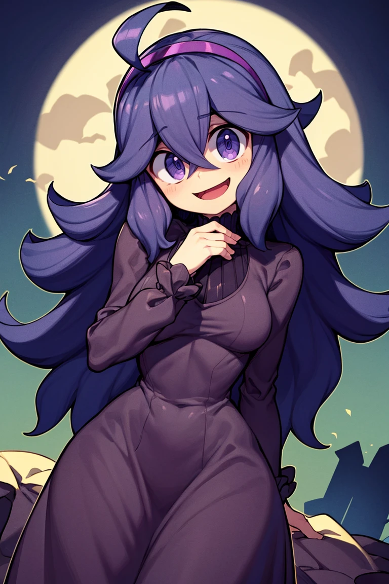 <lora:Bold_CAT:0.6>, <lora:more_details:0.5>, ((masterpiece,best quality)), absurdres, <lora:Hex_Maniac_Pokemon_v2:0.8>, hex maniac (pokemon), long hair, ahoge, purple hairband, purple eyes, @_@, long black dress, smile, looking at viewer, cowboy shot,
head tilt, full moon, graveyard, open mouth,
hands behind back,
