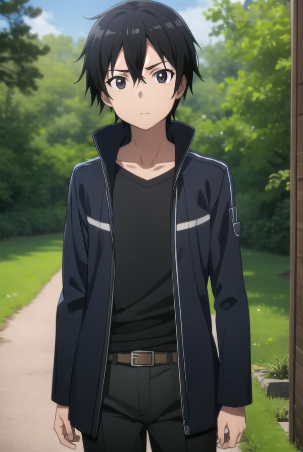 kirigayakazuto, <lora:kirigaya kazuto s1-lora-nochekaiser:1>, 
kirigaya kazuto, black hair, (black eyes:1.5), male focus,
BREAK shirt, black shirt, coat, black coat, pants, black pants,
BREAK outdoors, nature, forest, sun, sky,
BREAK looking at viewer, (cowboy shot:1.5),
BREAK <lyco:GoodHands-beta2:1>, (masterpiece:1.2), best quality, high resolution, unity 8k wallpaper, (illustration:0.8), (beautiful detailed eyes:1.6), extremely detailed face, perfect lighting, extremely detailed CG, (perfect hands, perfect anatomy),