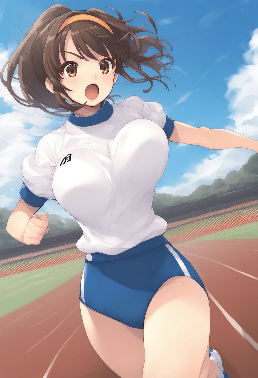 ((Athletess participating in a racing competition):1.0), running girl, masterpiece, best quality, best detail, best proportion, best anatomy, best face, blush, best shaped breasts, very huge breasts, (black short hair) ((14 year old japanese lowteen):1.3), ((half body shot):0.9), view from below, ((prosthetic limbs):1.4), ((full nude):1.5), (nsfw:1.1) , cameltoe, sadly, tears, crying, (she is cumming now!), blush, (in a track field (background)), (pubic hair), very wet,