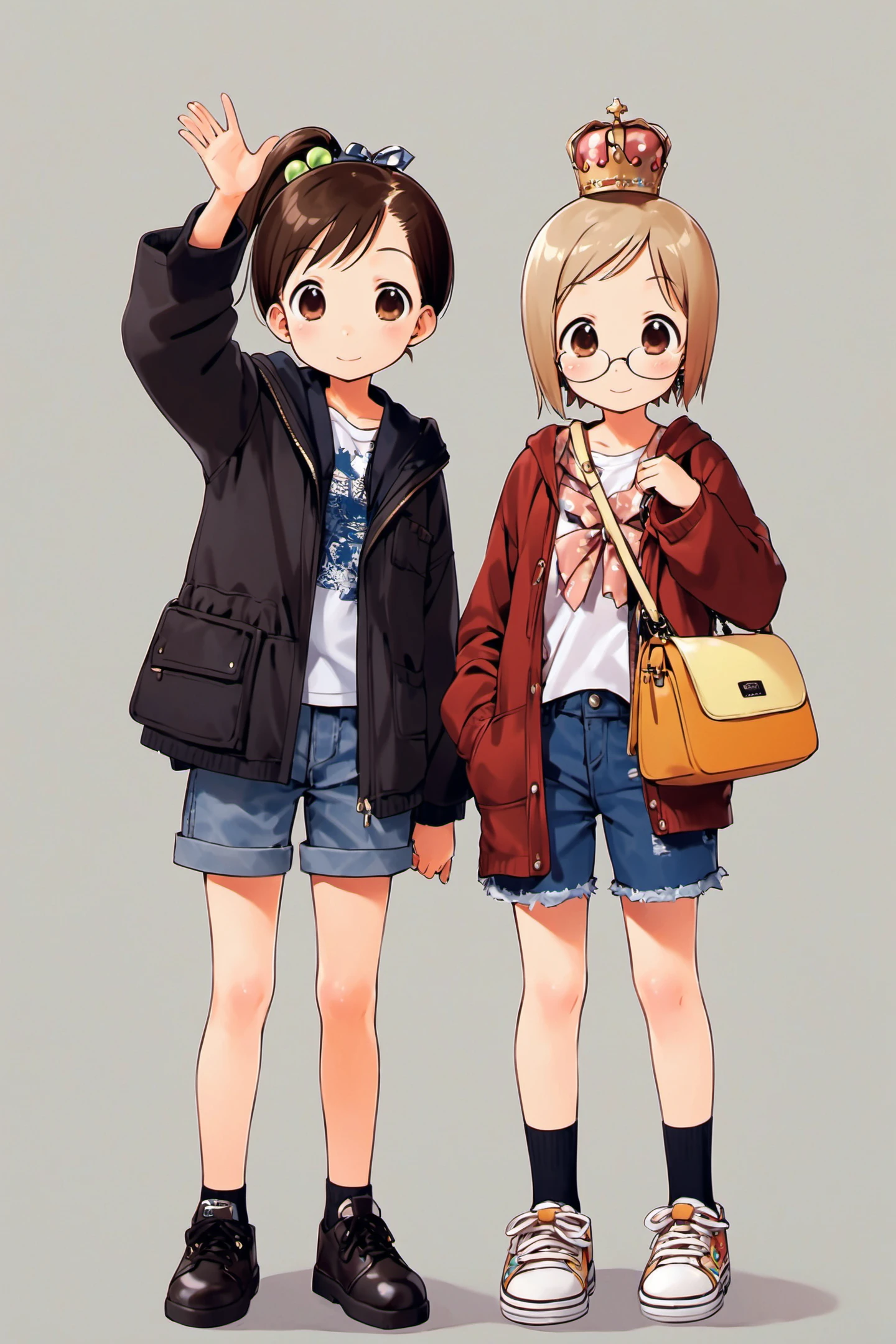 Barasui Style,
Miu Matsuoka,Chika Itou,Matsuri Sakuragi,multiple girls,2girls,shoes,glasses,brown hair,shorts,bag,socks,short hair,crown,handbag,smile,jacket,brown eyes,white background,hair ornament,simple background,long sleeves,standing,hood,skirt,looking at viewer,hoodie,sneakers,bow,side ponytail,hair bobbles,waving,full body,shoulder bag,blonde hair,siblings,denim,shirt,open clothes,sisters,frills,