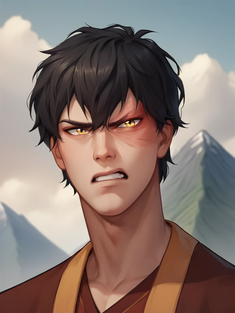 score_9, score_8_up, score_7_up, score_6_up, score_5_up, score_4_up, source_anime, portrait of Zuko man, black hair, yellow eyes, angry, mountain background, <lora:Zuko-000002:1>