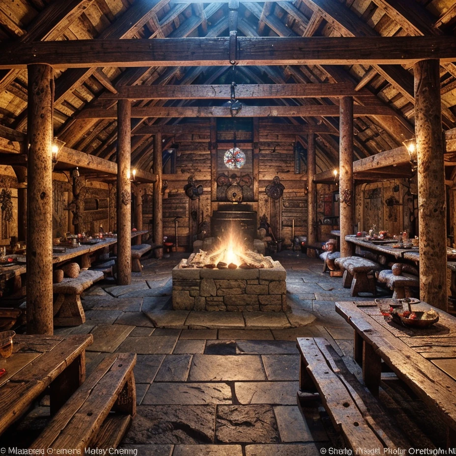 (masterpiece:1.2), (best quality,:1.2), 8k, HDR, ultra detailed, ((photorealistic)), professional light, cinematic lighting, fashion photography, ambient lighting, face lighting, <lora:detail_slider_v4:1>, Fantasy picture, the interior of a medieval viking house, fireplace, benches, elaborate and intricate celtic ornaments on wood beams and columns, VikInt, <lora:VikingInterior-10:0.8>, epiCPhoto