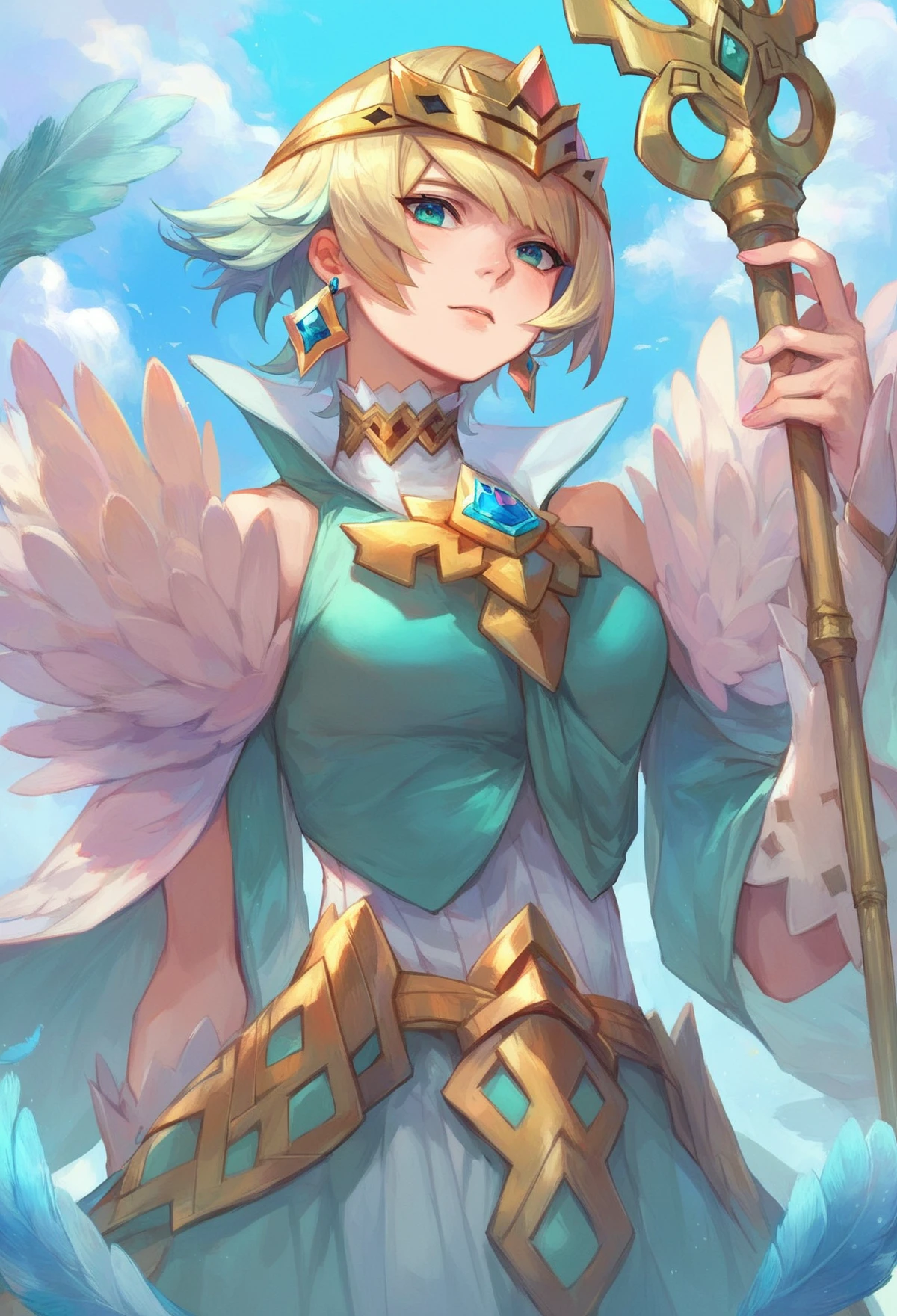 score_9, score_8_up, score_7_up, score_6_up, source anime, feh_seoreh_pnxl, fire emblem heroes, fjorm, 1girl, polearm, feather trim, solo, jewelry, blonde hair, earrings, multicolored hair, gradient hair, short hair,
whorled clouds, blue sky
<lora:fire_emblem_heroes_pony:1>
