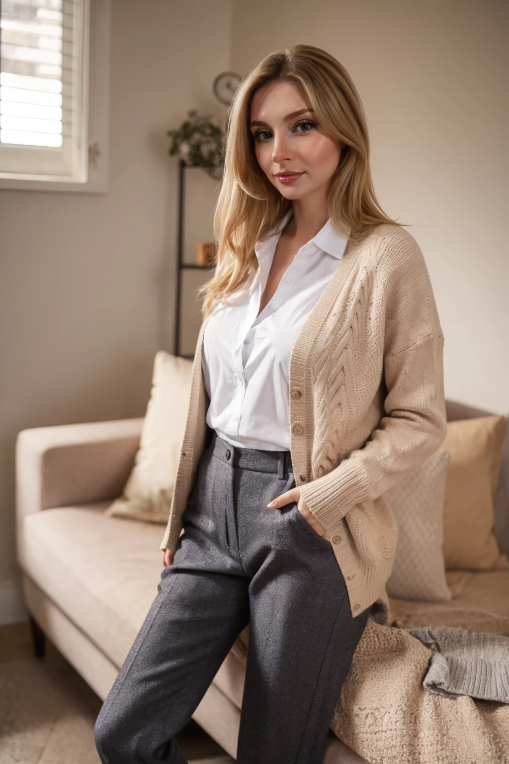 4k, 8k, ultra highres, raw photo in hdr, sharp focus, intricate texture,realistic, detailed facial features, highly detailed face, posing,perfect lighting,long hair,standing,full body,legs,shoes,pants,shirt,cardigan,<lora:Peachmilky2:0.7> Peachmilky2,blonde hair