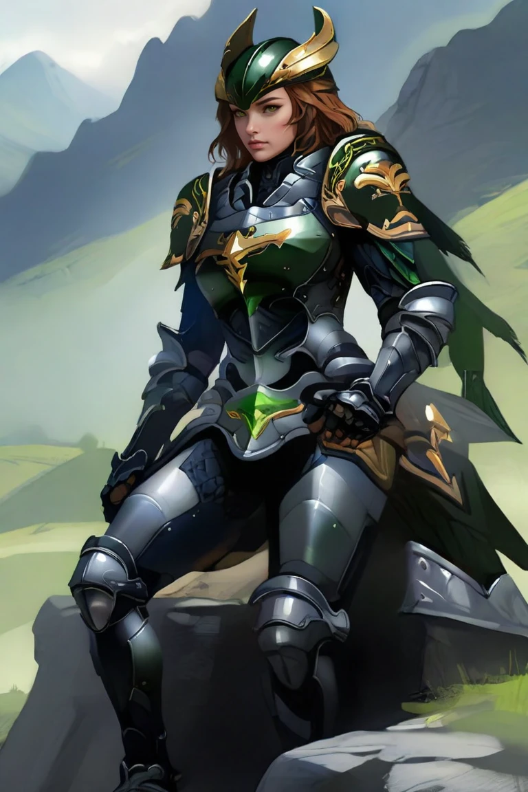 <lora:HXarmour_002XL:0.9>,hxarmour,1girl,(light green armour:1.1),mountain,Sitting with hands around ankles,