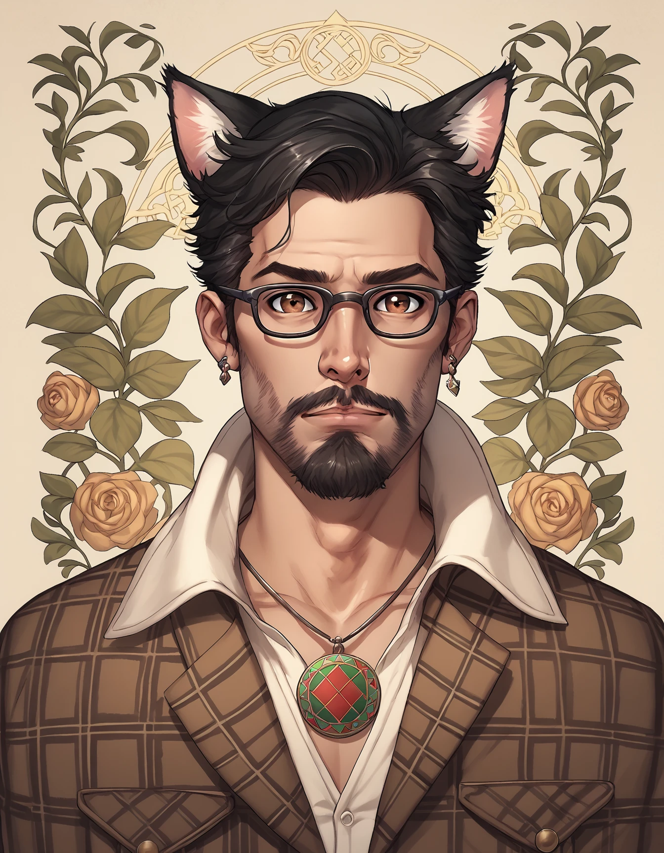 score_9, score_8_up, score_7_up, score_6_up, score_5_up, score_4_up, 1boy, animal ears,beard, cat ear, animal ears,facial hair, brown eyes, bare chested, kilt, black hair, shiny skin, detailed eyes, glasses, eyewear, wild hair, necklace, male focus, solo, dynamic angle, rule of thirds , wind swept hair, celtic background