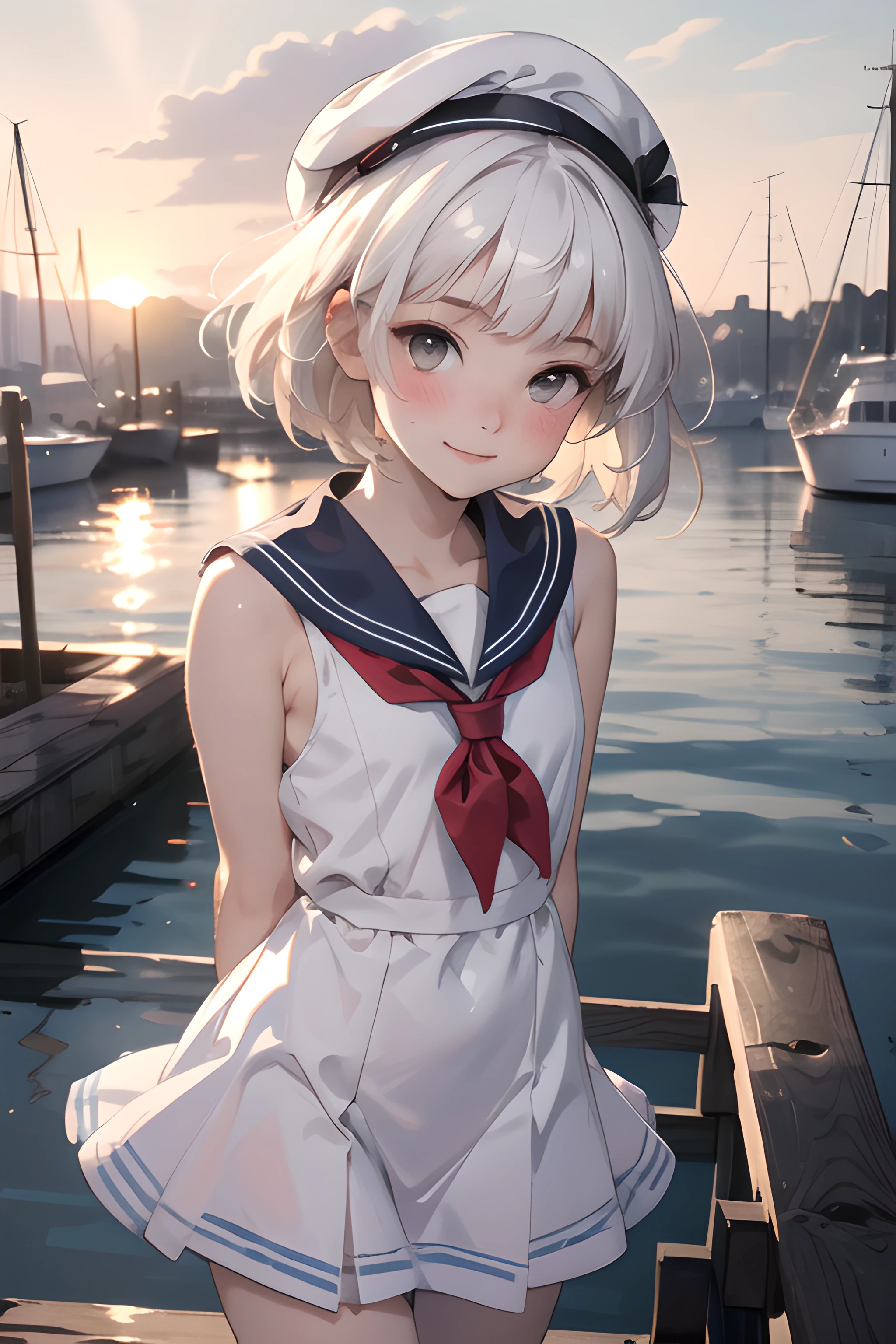 (masterpiece, best quality, highres), 1girl, solo, white hair, short hair, straight hair, blunt bangs, grey eyes, flat chest, narrow waist, petite, pale skin, looking at viewer, blush, light smile, leaning forward, arms behind back, sailor dress, sailor hat, blue sailor collar, red neckerchief, harbor, sleeveless, portrait, wind, floating hair, wind lift, sunset