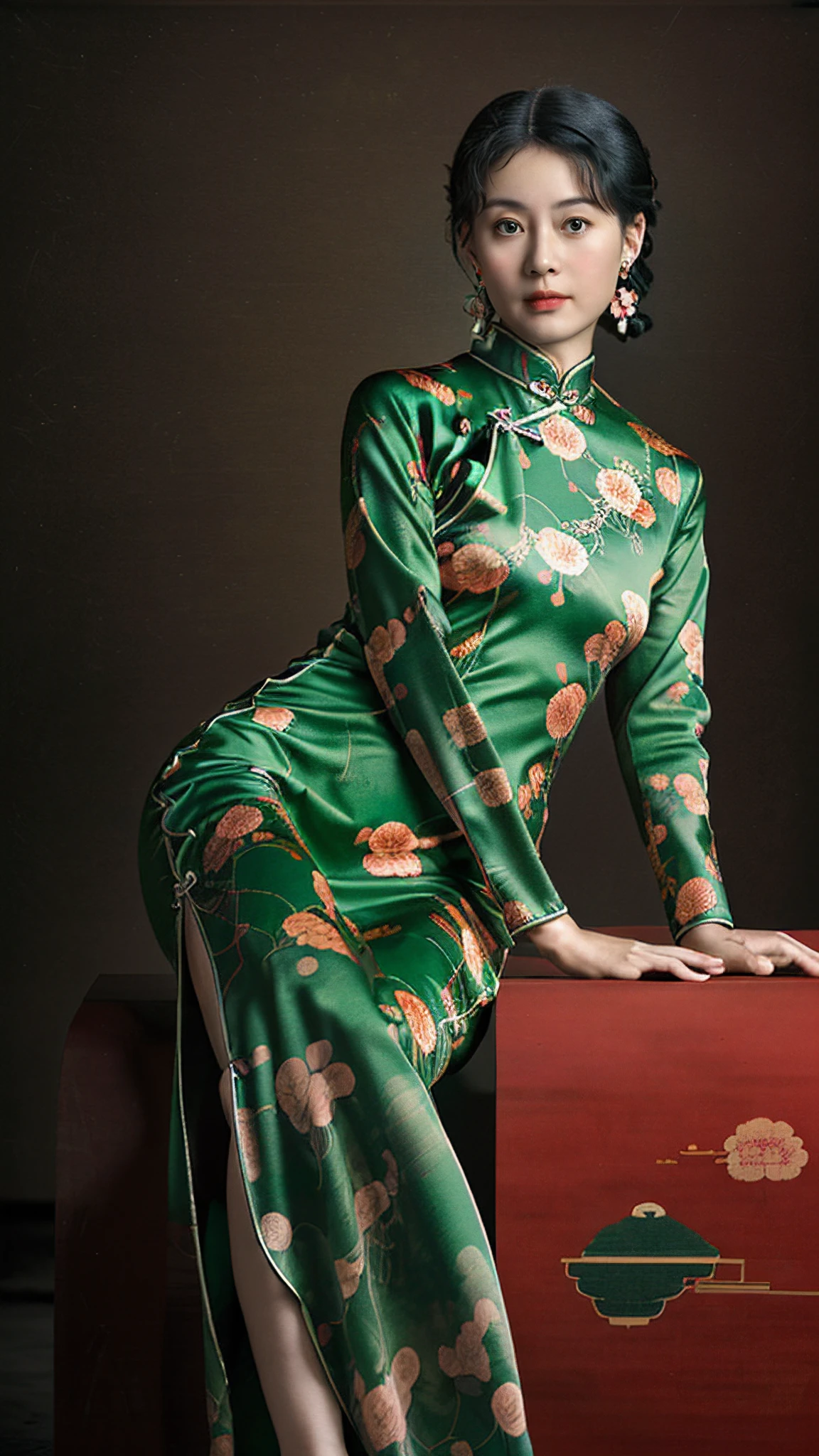 SHPortraitStudio,earrings,jewelry,dress,1girl,black hair,chinese clothes,realistic,sitting,floral print,green dress,china dress,solo focus,<lora:20240122-1705884260870:0.65>,