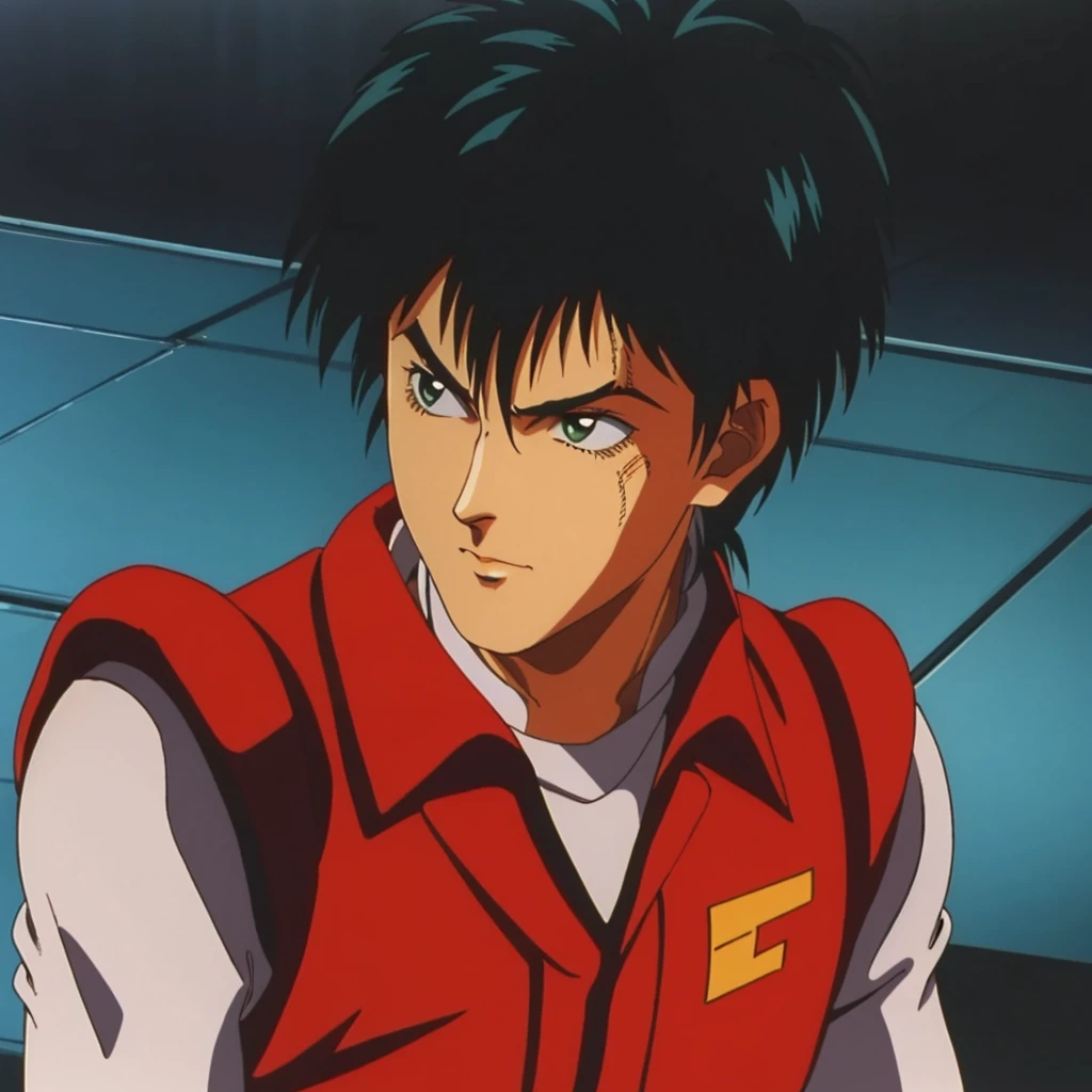 <lora:TakayaAiba002:0.7>,
TakayaAiba,1boy,black hair,spike hair,black eyes,retro artstyle,1980s (style),
uniform,red vest,long sleeves,