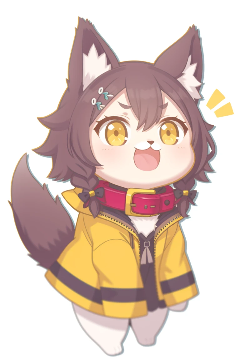 inugami korone, bone hair ornament, no humans, virtual youtuber, dog, animalization, hair ornament, brown hair, braid, :3, white background, yellow jacket, open mouth, collar, animal collar, dog ears, simple background, tail, red collar, brown eyes, twin braids, dog girl, jacket, animal ears, dog tail, hair between eyes, white dress, parody, smile, animal