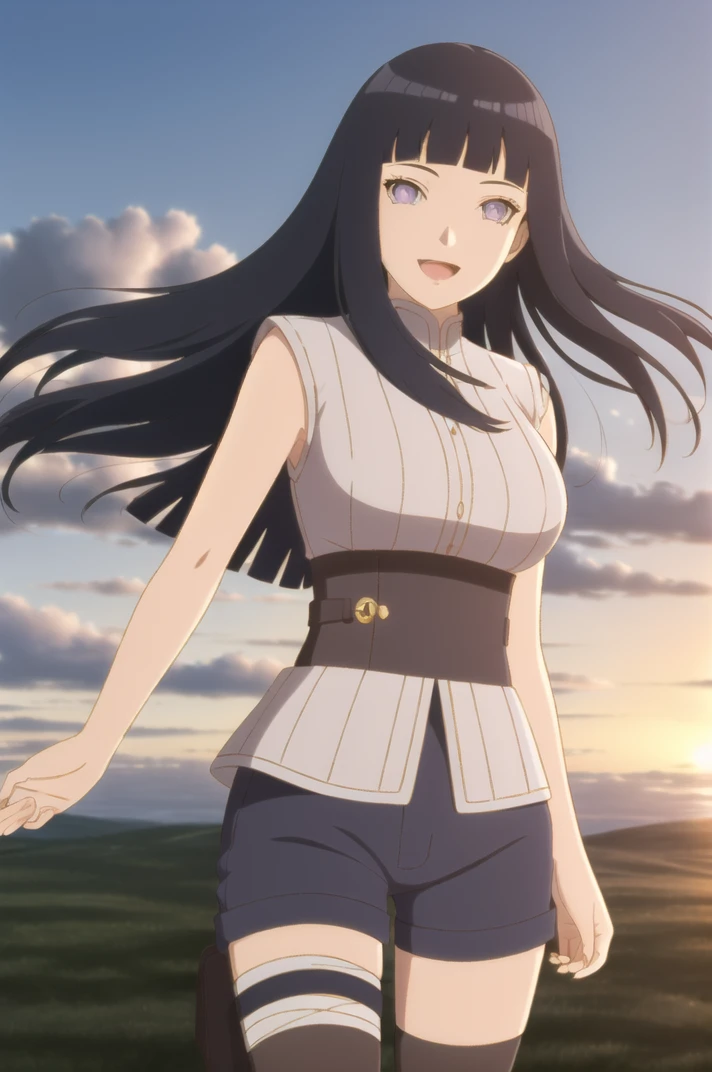 (masterpiece, high quality, detailed background:1.1), 1girl, solo,
<lora:HyugaHinata-v1-06:0.6>, ChopioHyugaHinata, long hair, black hair, straight hair, shiny hair, blunt bangs, white eyes, no pupils, (looking at viewer:1.3),
mature female, large breasts,
outfit_1, white shirt, ribbed shirt, sleeveless, waistband, purple shorts, bandaged leg, thigh pouch, black thighhighs,
hill, grass, sunset, gradient sky, <lora:Concept_BacklightingGoldLine:0.8>, backlighting, floating hair, wind, smile, open mouth,