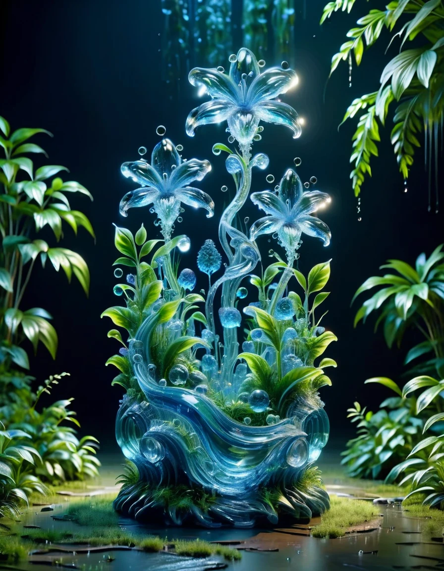 masterpiece of glass sculpture with plants inside, water, glowing, high quality, high detail, best quality, rtx, 4k, 8k <lora:watce-sdxl-v2:1>