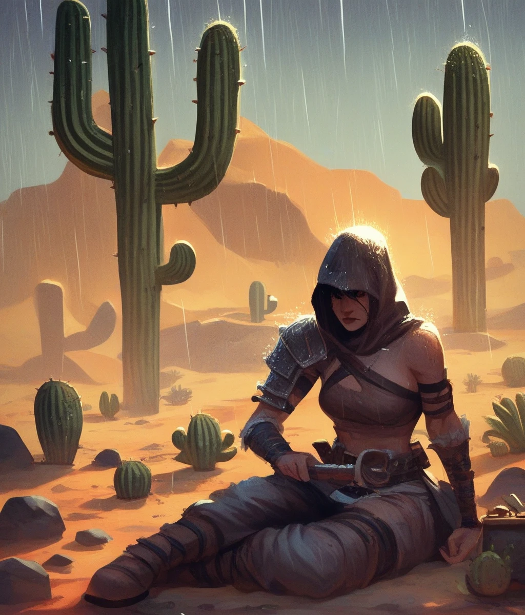 the barbarian warrior sits in the desert with cactus and rain, pretty female
score_8_up    <lora:MJB-000006:1>