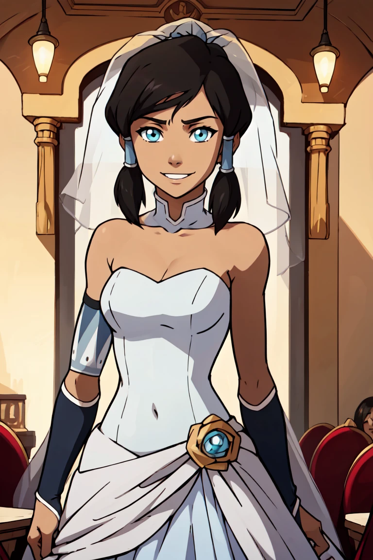 ((masterpiece,best quality)), <lora:Sugimori_Ken_Style_v3:0.5>, absurdres, <lora:Korra_v3:0.7>, korra, short hair, black hair, solo, smiling, looking at viewer, cowboy shot, bride, wedding dress, bridal veil, strapless dress, elbow gloves,