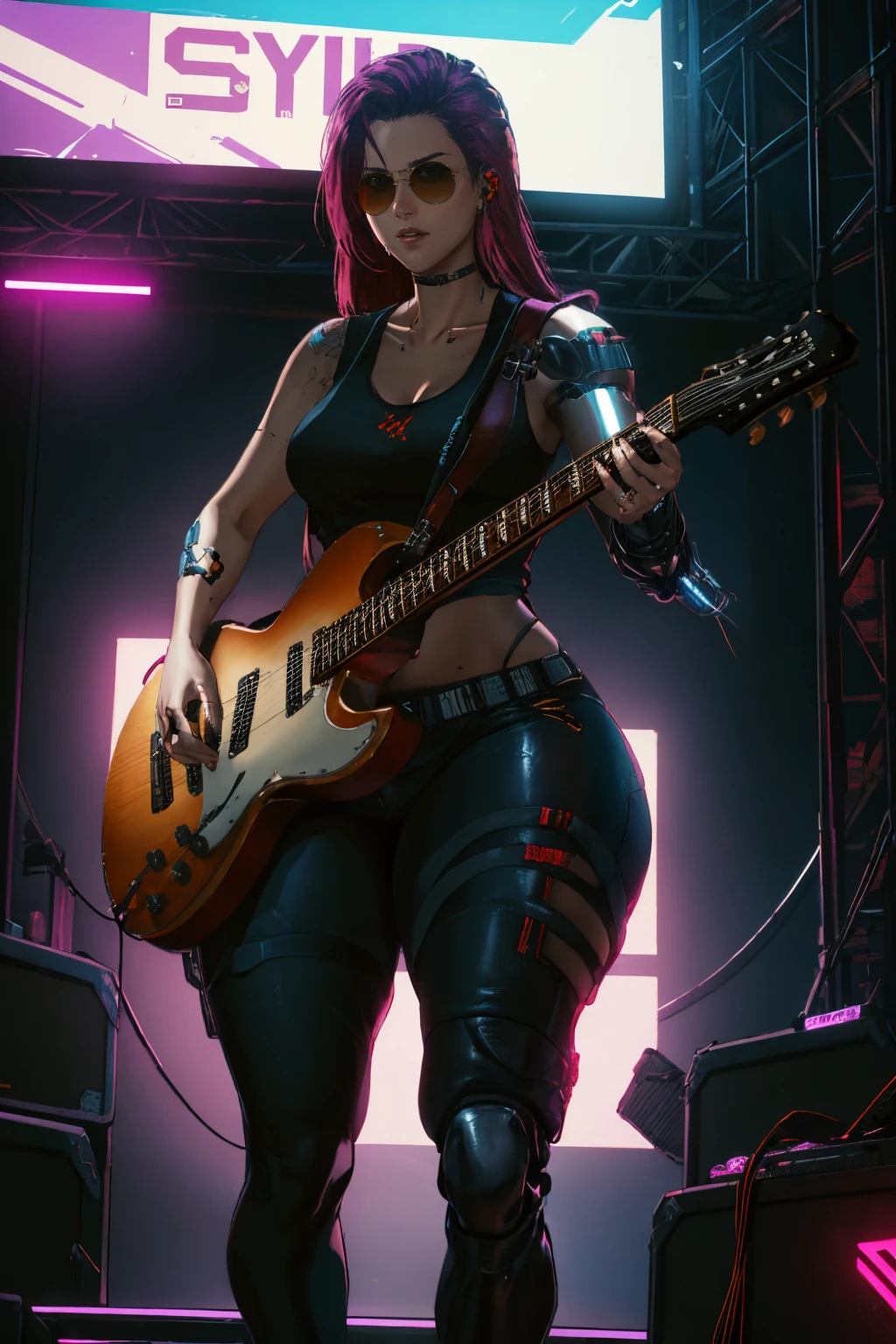 <lora:PulenKompot-Cyberpunk 2077 Style:0.8> cb2077, science fiction, cyberpunk, sci-fi, neon, cyborg, prosthetic arm, 1girl, curvy, tank top, long hair, aviator sunglasses, stage, guitar, performance