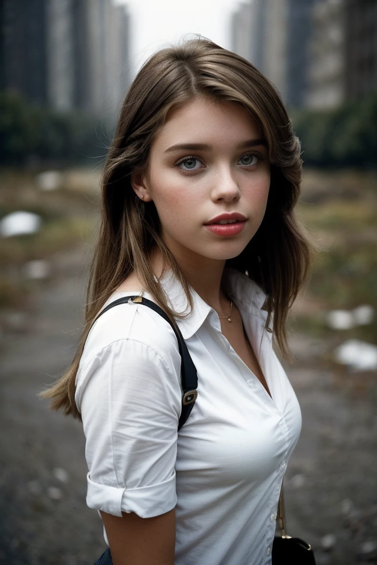 photo of beautiful (Fr3y4M4y3r-135:0.99), a woman, perfect hair, surprised, (modern photo), wearing (a Button-up shirt and khaki trousers) with handbag, portrait, 85mm, (analog, cinematic, film grain:1.3), (Post-Apocalyptic Wasteland, Desolate landscape with crumbling structures, overgrown flora, and polluted sky.), detailed eyes, professional pose, painted lips, (epiCPhoto), (looking at viewer:1.1), (cinematic shot:1.3), (natural lighting, lit from above), <lora:add_detail:0.5>