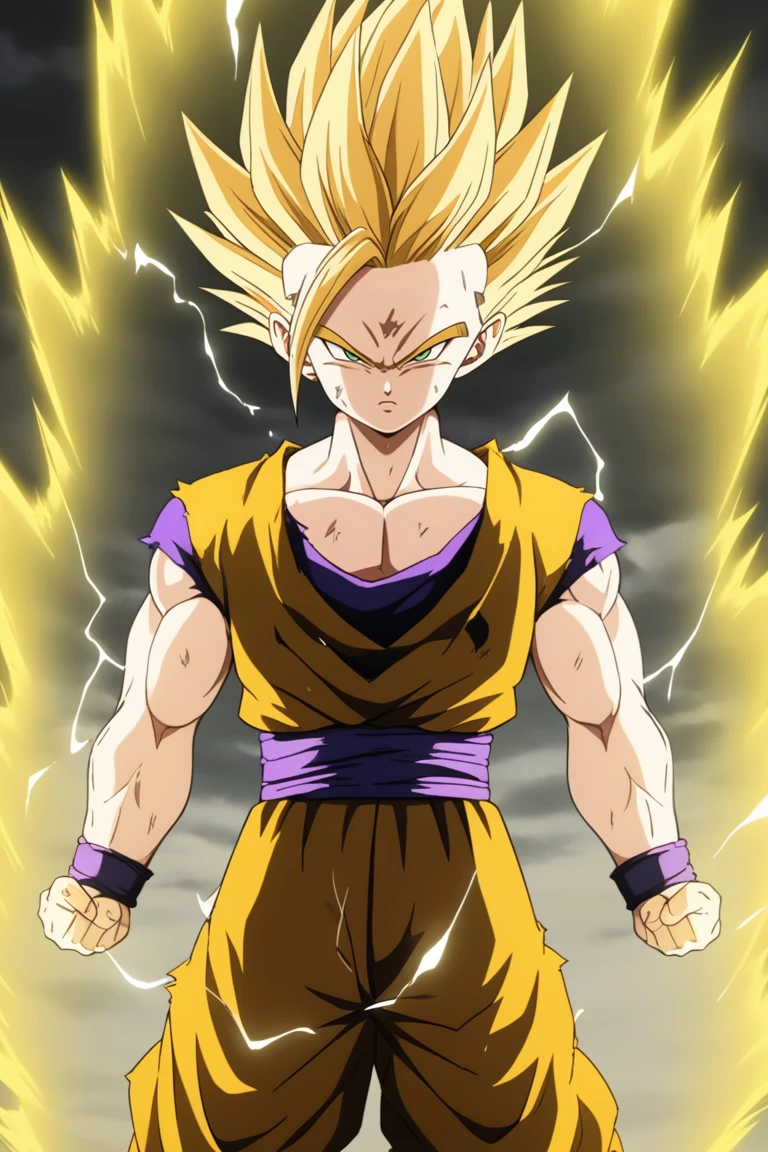 1boy,gohan,super saiyan 2,purple dougi,green eyes,,blonde_hair,yellow aura,electricity,ki,serious,cowboy_shot,clenced fists,(masterpiece,best quality,detailed,highres),detailed_face,dark_colors,arms_at_sides<lora:EMS-317132-EMS:0.800000>