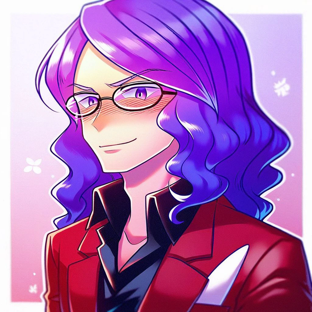 score_9,score_8_up,score_7_up,score_6_up,score_5_up,score_4_up, solo, 1boy, purple hair, wavy hair, purple eyes, Red jacket, black shirt, collared shirt, red pants, formal, Glasses, smile, blush