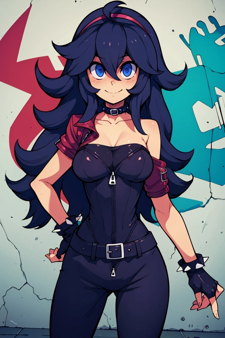 ((masterpiece, best quality)), <lora:Bold_CAT:0.8>, <lora:Hex_Maniac_Pokemon_v2:0.8>, hex maniac (pokemon), smile, looking at viewer, , leather jacket, leather pants, strapless bra, black jacket, tight pants, black choker, zipper, fingerless gloves, biker clothes, spikes, unzipped, multiple belts, shiny clothes, high collar, (graffiti:1.2), brick wall,