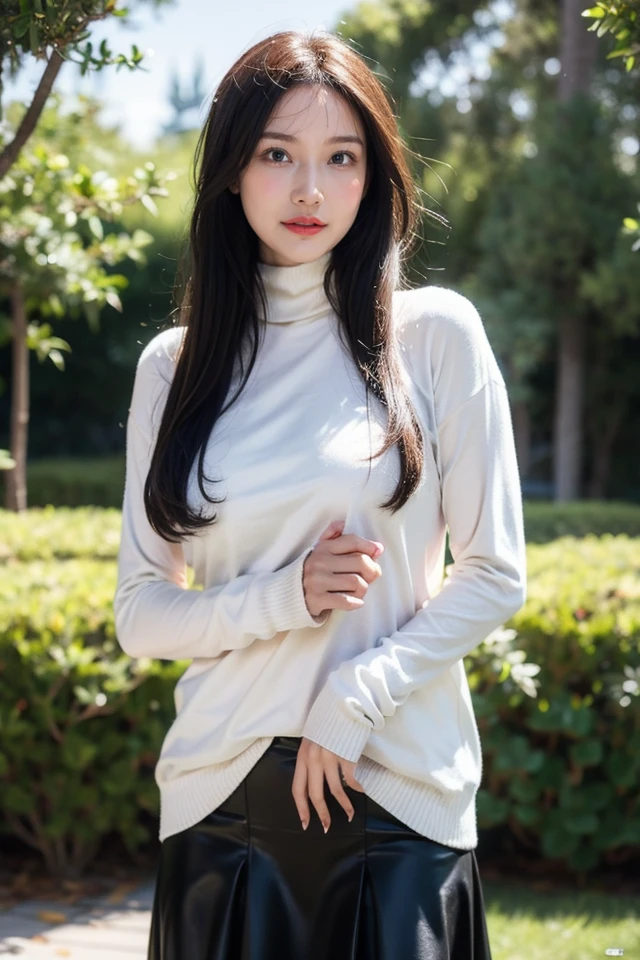 1girl,best quality,masterpiece,illustration,an extremely delicate and beautiful,CG,unity,8k wallpaper,Amazing,finely detail,masterpiece,official art,extremely detailed CG unity 8k wallpaper,incredibly absurdres,huge filesize,ultra-detailed,highres,extremely detailed,beautiful detailed girl,realistic,outdoors,turtleneck shirt,skirt,light contrast,<lora:pia nono:0.8>,