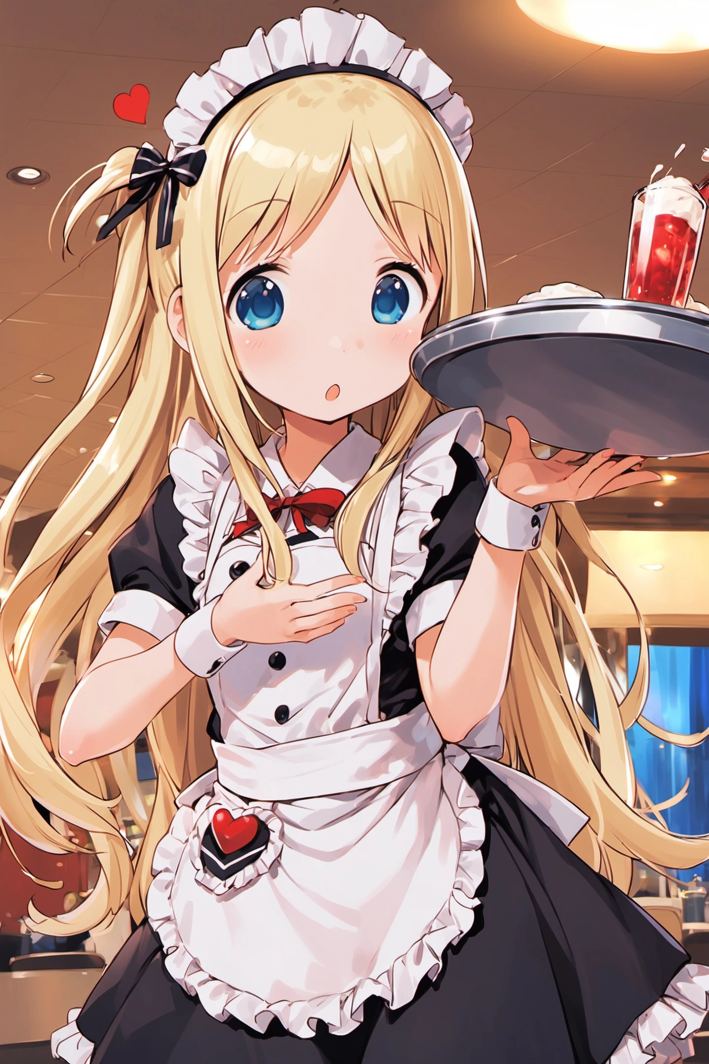 Ana Coppola,1girl,solo,blue eyes,blonde hair,long hair,tray,waitress,maid,heart,looking at viewer,:o,<lora:Ichigo Mashimaro_XL:0.8>,