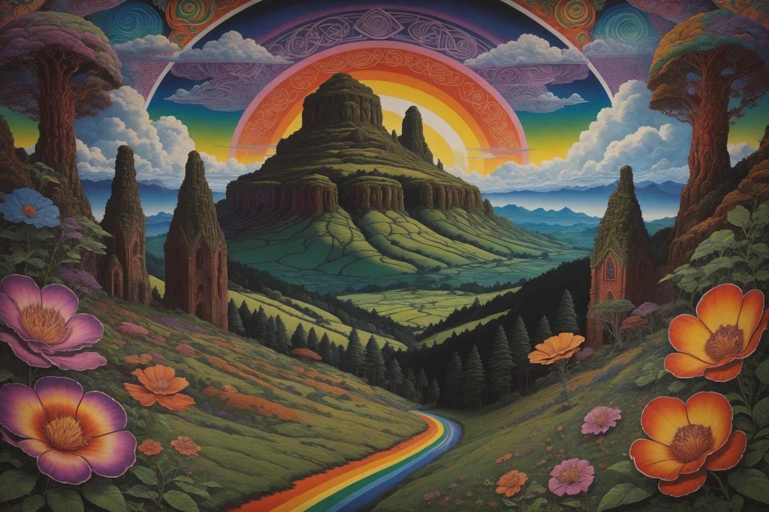 <lora:psychedelic-landscape:1>poster, psychedelic celtic-landscape