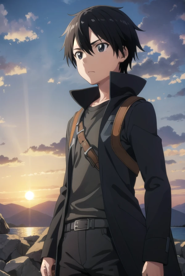 kirigayakazuto, <lora:kirigaya kazuto s1-lora-nochekaiser:1>, 
kirigaya kazuto, black hair, (black eyes:1.5), male focus,
BREAK shirt, black shirt, coat, black coat, pants, black pants,
BREAK outdoors, nature, forest, sun, sky,
BREAK looking at viewer, (cowboy shot:1.5),
BREAK <lyco:GoodHands-beta2:1>, (masterpiece:1.2), best quality, high resolution, unity 8k wallpaper, (illustration:0.8), (beautiful detailed eyes:1.6), extremely detailed face, perfect lighting, extremely detailed CG, (perfect hands, perfect anatomy),